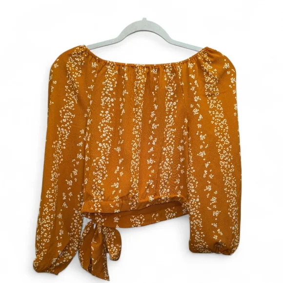 BCBG Women's Floral Wrap Crop Top Tie Front Balloon Sleeves Boho Cottagecore - Picture 2 of 7